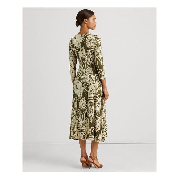 RALPH LAUREN Womens Green Printed 3/4 Sleeve V Neck Midi Fit + Flare Dress 8 - Picture 2 of 4